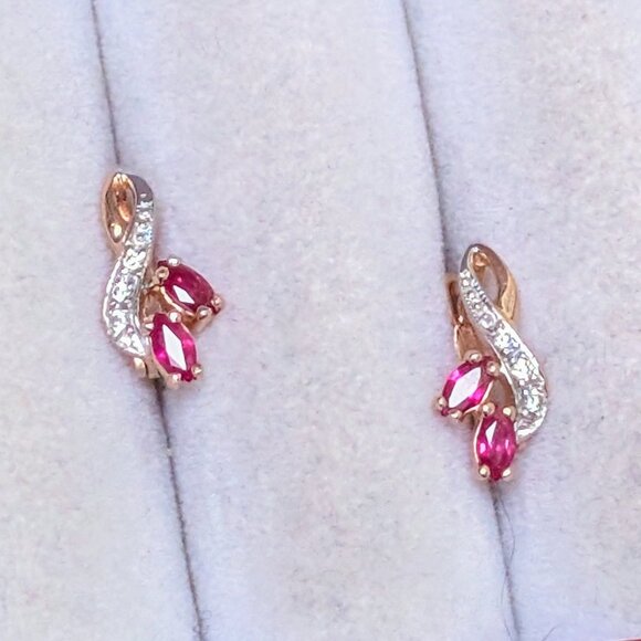 Russian Russia Solid 14K Rose Pink Gold Ruby Diamond Cluster Pierced Earrings - Picture 12 of 15